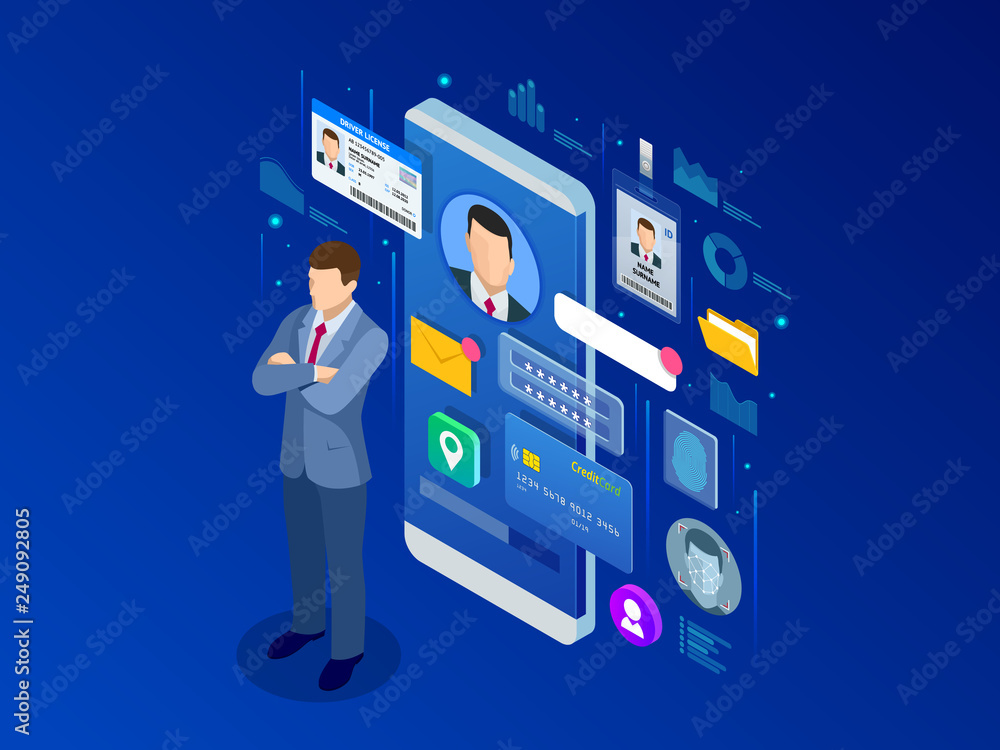 Poster isometric personal data information app, identity private concept. digital data secure banner. biome