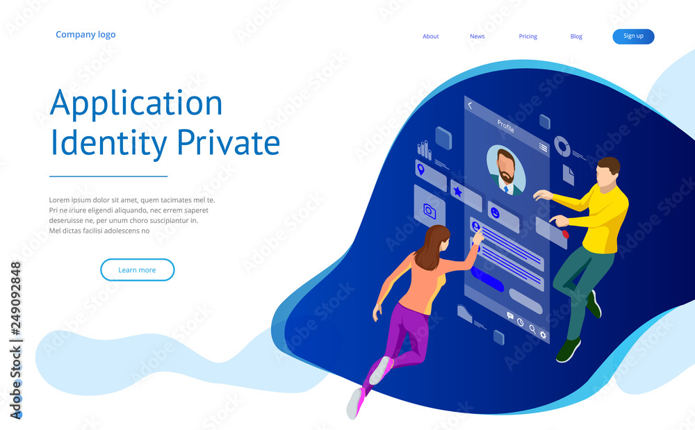 Poster isometric personal data information app, identity private concept. digital data secure banner. biome