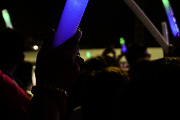 Crowd at concert, Party concept, People with hands up.