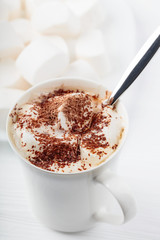 Hot chocolate and marshmallow sprinkled with chocolate chips.