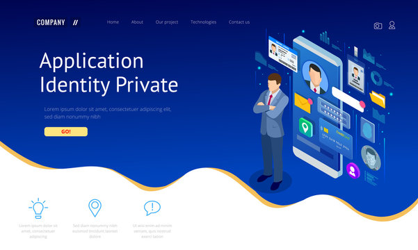 Isometric Personal Data Information App, Identity Private Concept. Digital data Secure Banner. Biometrics technology vector illustration for personal identity recognition and access authentication.