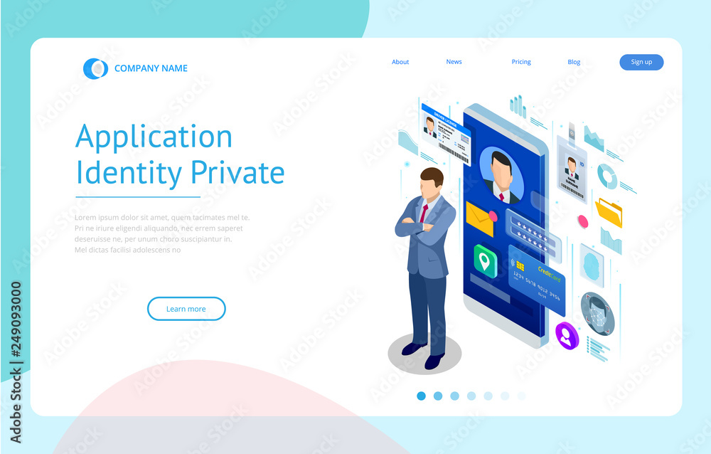 Poster isometric personal data information app, identity private concept. digital data secure banner. biome