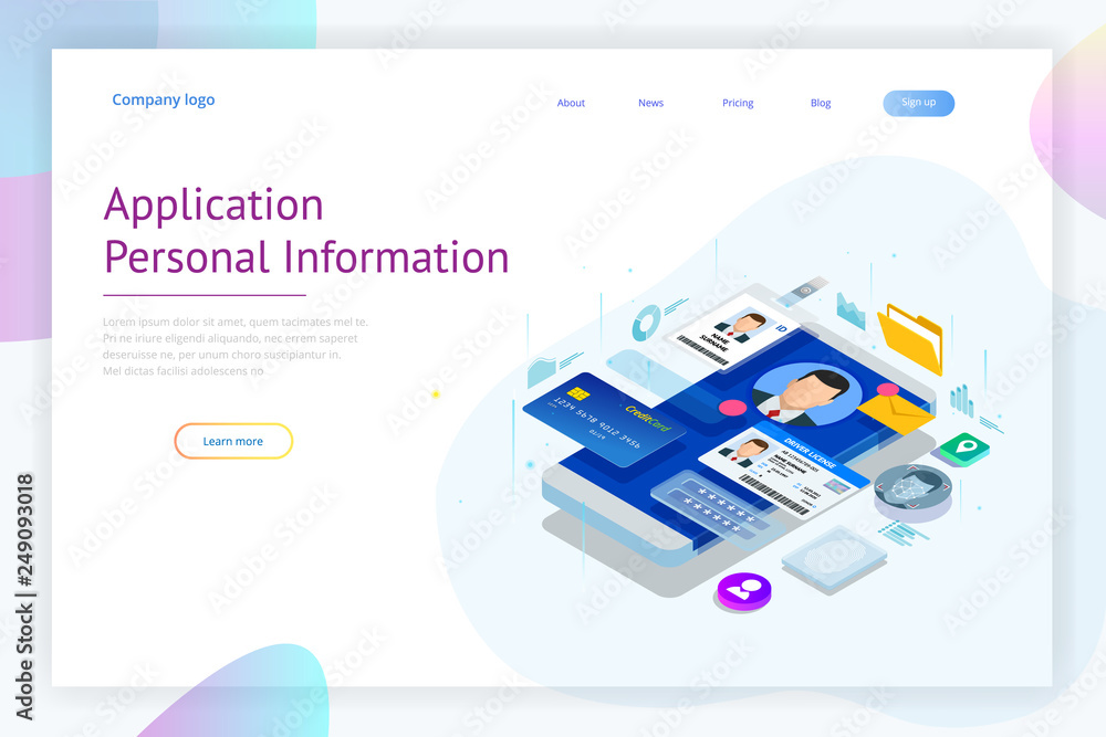 Poster isometric personal data information app, identity private concept. digital data secure banner. biome