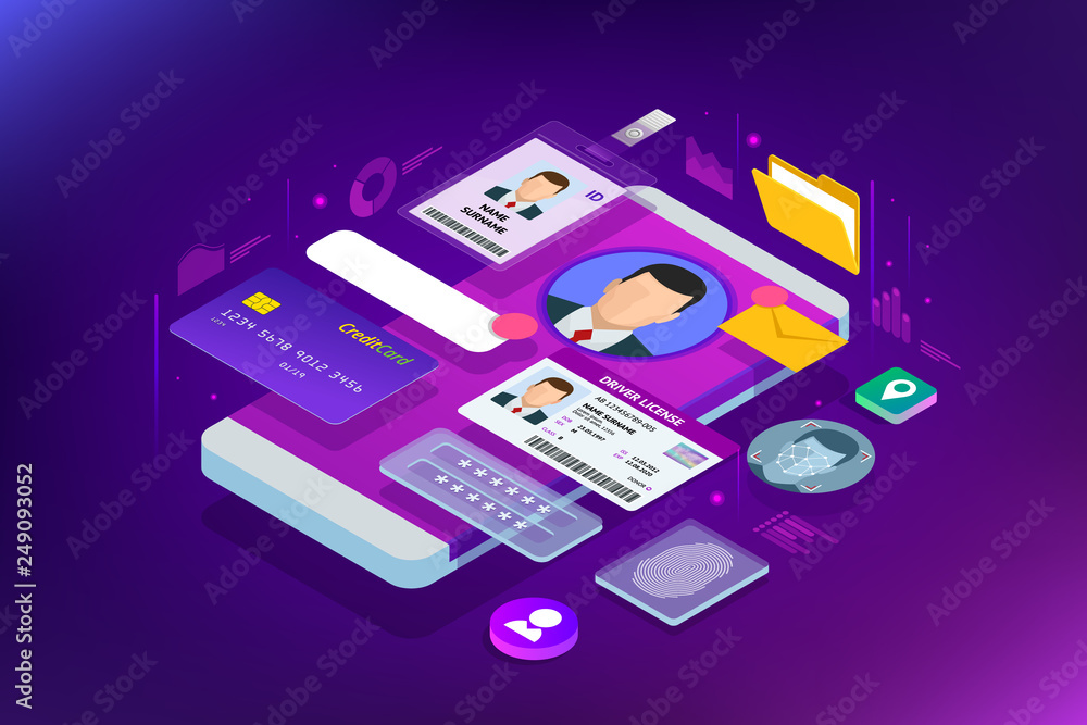 Poster isometric personal data information app, identity private concept. digital data secure banner. biome