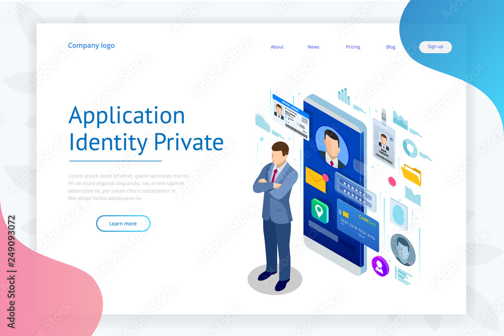 Poster isometric personal data information app, identity private concept. digital data secure banner. biome