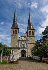 Fototapeta na wymiar View of the facade of the Church of St. Leodegar in Lucerne, Switzerland