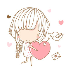 Cute little girl holding big heart. Isolate with white background. Vector illustration, character design