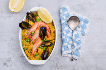 Traditional paella with seafood