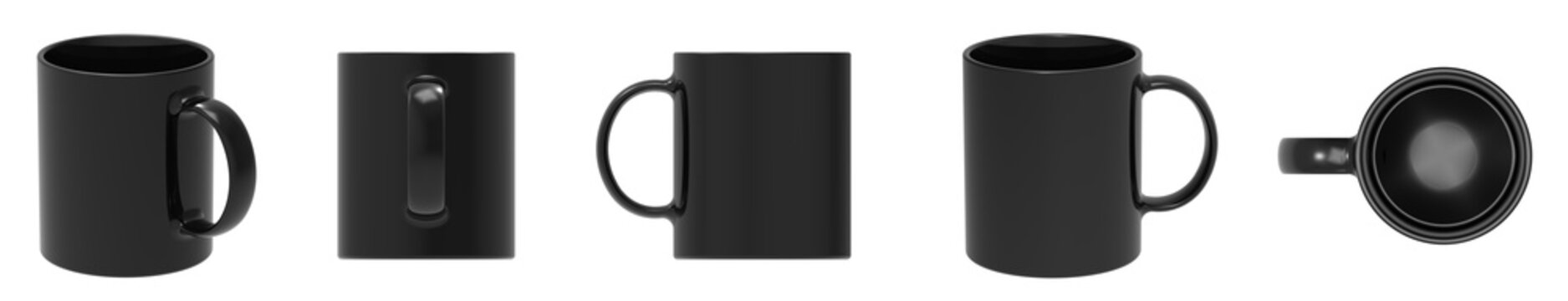 Blank black ceramic mug cup 5 view on white background