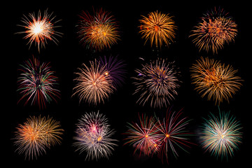 Twelve colorful fireworks on black background