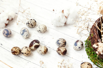 Easter decoration with egg in nest cup on white wooden background. Easter concept. Flat lay top view copy space. Spring greeting card