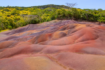 Unusual volcanic formation seven colored earths in Chamarel on tropical island of Mauritius.