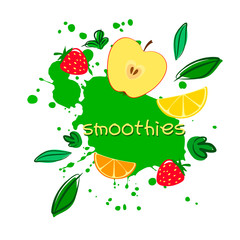 Vector illustration of a smoothie with stylized leaves and fruits, doodle and mixed style. Illustration on white background