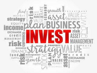Invest word cloud collage, business concept background
