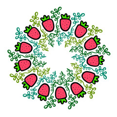 Strawberry and green plants mandala illustration hand drawn