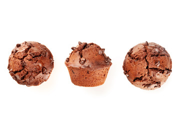 Three chocolate muffins, shot from the top on a white background with a place for text