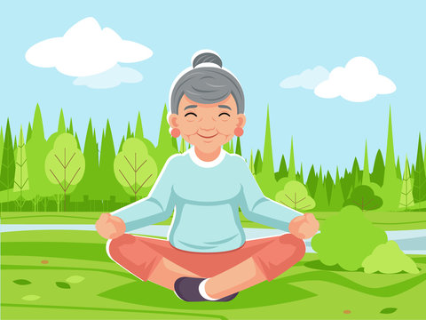 Outdoor park nature fitness meditation adult old woman grandmother yoga health cartoon character design vector illustration