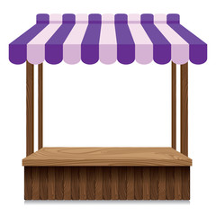 Wooden market stall with purple and pink awning on white background.