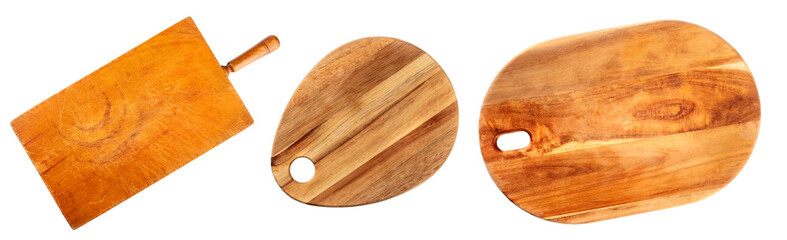 Three wooden cutting boards, isolated on a white background