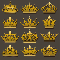 Set of golden crowns of different shapes. Elements for your design. Vector illustration.