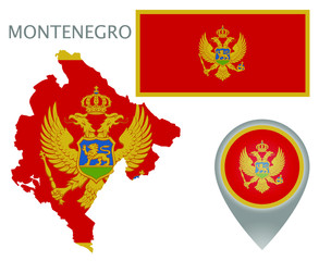 Colorful flag, map pointer and map of Montenegro in the colors of the Montenegro flag. High detail. Vector illustration