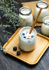 blueberry fruit smoothie or milk shake or yogurt in glass bottle