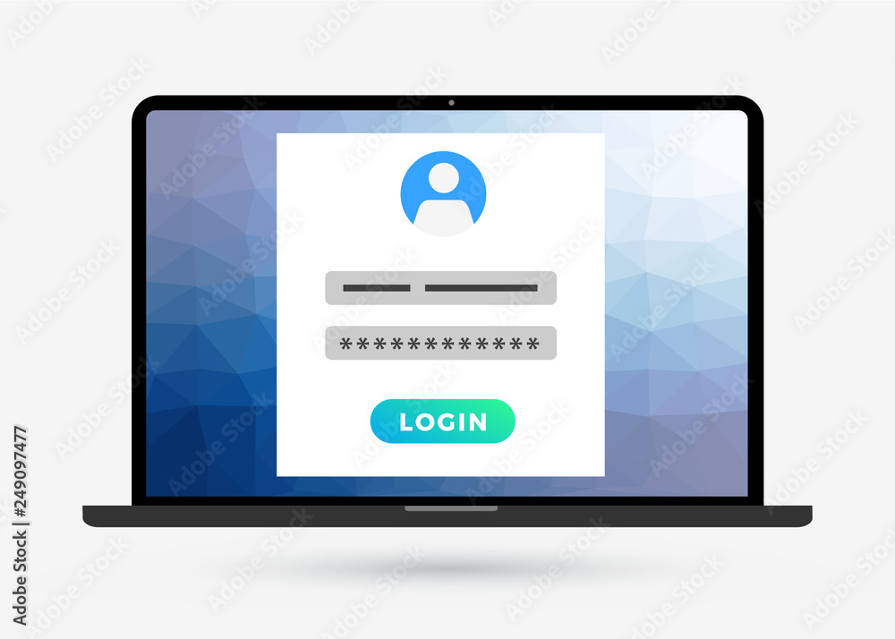Poster laptop computer with login page on screen. modern flat style design registration page. vector illust