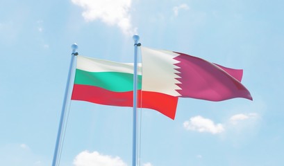 Naklejka premium Qatar and Bulgaria, two flags waving against blue sky. 3d image