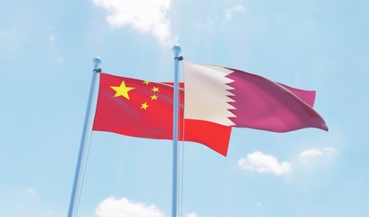 Qatar and China, two flags waving against blue sky. 3d image
