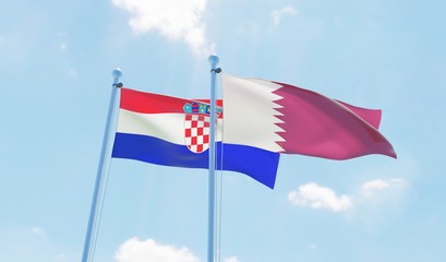 Qatar and Croatia, two flags waving against blue sky. 3d image