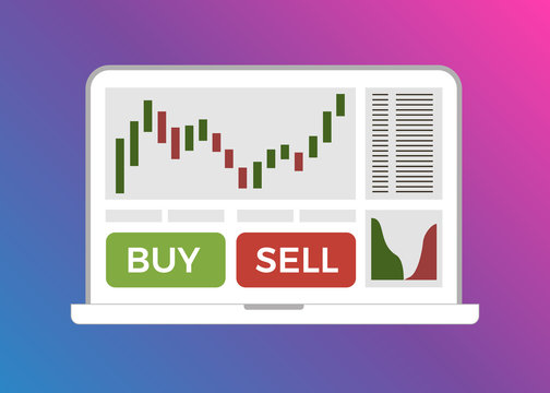 Trading candlestick chart, buy and sell buttons on laptop screen. Forex trade flat vector illustration. Cryptocurrency and Stock exchange market graph on computer display creative concept.