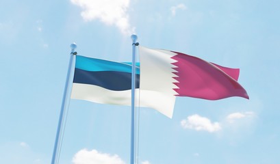 Qatar and Estonia, two flags waving against blue sky. 3d image