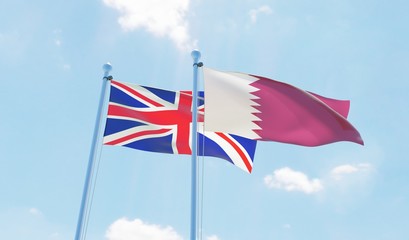 Qatar and UK, two flags waving against blue sky. 3d image