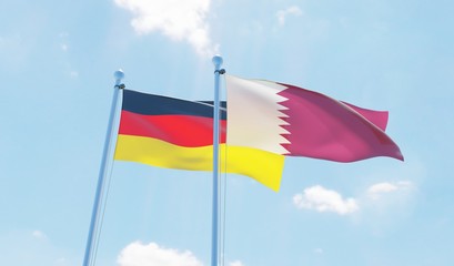 Qatar and Germany, two flags waving against blue sky. 3d image