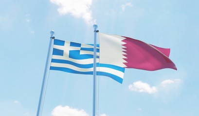Qatar and Greece, two flags waving against blue sky. 3d image