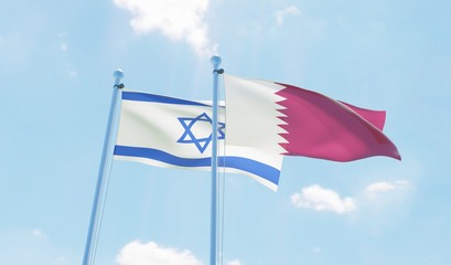 Qatar and Israel, two flags waving against blue sky. 3d image
