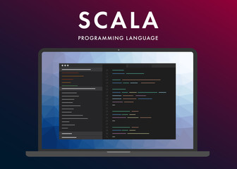 Scala programming language. Learning concept on the laptop screen code programming. Command line scala interface with flat design and gradient purple background. 