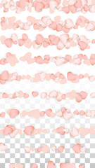 Love Hearts Confetti Falling Background. St. Valentine's Day pattern Romantic Scattered Hearts. Vector Illustration for Cards, Banners, Posters, Flyers for Wedding, Anniversary, Birthday Party, Sales.