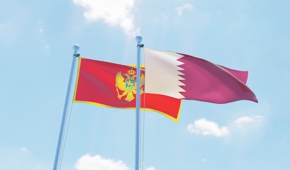 Qatar and Montenegro, two flags waving against blue sky. 3d image