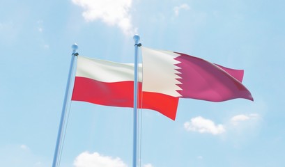 Fototapeta na wymiar Qatar and Poland, two flags waving against blue sky. 3d image