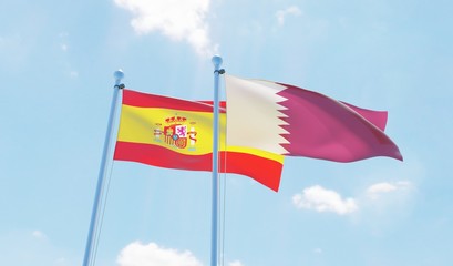 Qatar and Spain, two flags waving against blue sky. 3d image