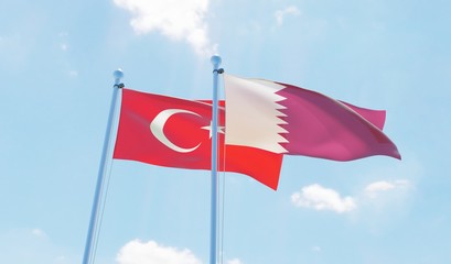 Qatar and Turkey, two flags waving against blue sky. 3d image