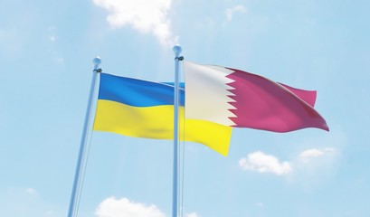 Qatar and Ukraine, two flags waving against blue sky. 3d image
