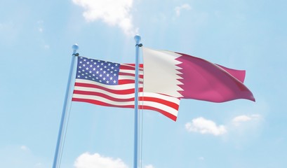 Qatar and USA, two flags waving against blue sky. 3d image