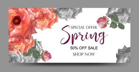 Spring Sale banner with rose Flower  Design Vector - Vector