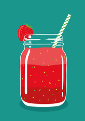 Red layered berry juice smoothie in mason jar with strawberry and swirled straw isolated on background. Fresh natural healthy fruit and berry drink. Vector hand drawn illustration eps10.