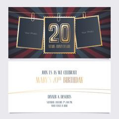 20 years anniversary party invitation vector template, illustration