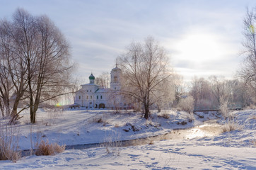 Orthodox church near by river. Pskov. Winter. Russia.