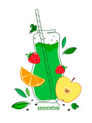 A bottle of smoothies with a tub in the style of doodle surrounded by leaves, citrus and fruit. Vector illustration