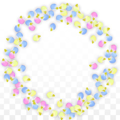 Vector Realistic Colorful Petals Falling on Transparent Background.  Spring Romantic Flowers Illustration. Flying Petals. Sakura Spa Design. Blossom Confetti. Design Elements for Wedding Decoration.